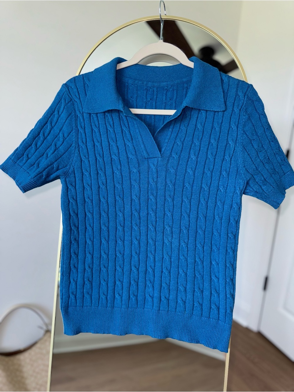 Bright Blue Cable-Knit V-Neck Polo Sweater for Women